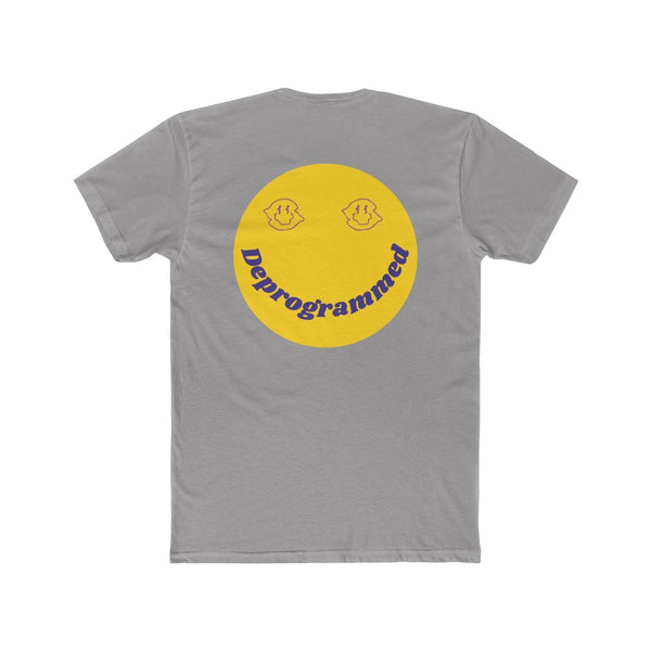 Gray 1990's rave t-shirt with large yellow smiley face and "Deprogrammed" text backprint