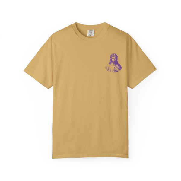 Tan unisex Christian streetwear t-shirt with small purple Jesus graphic on left chest