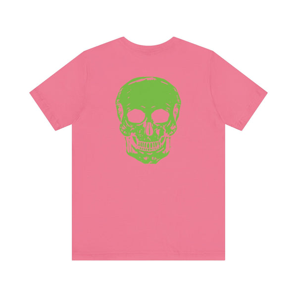 Pink tee with large neon green skull back graphic, music festival fashion