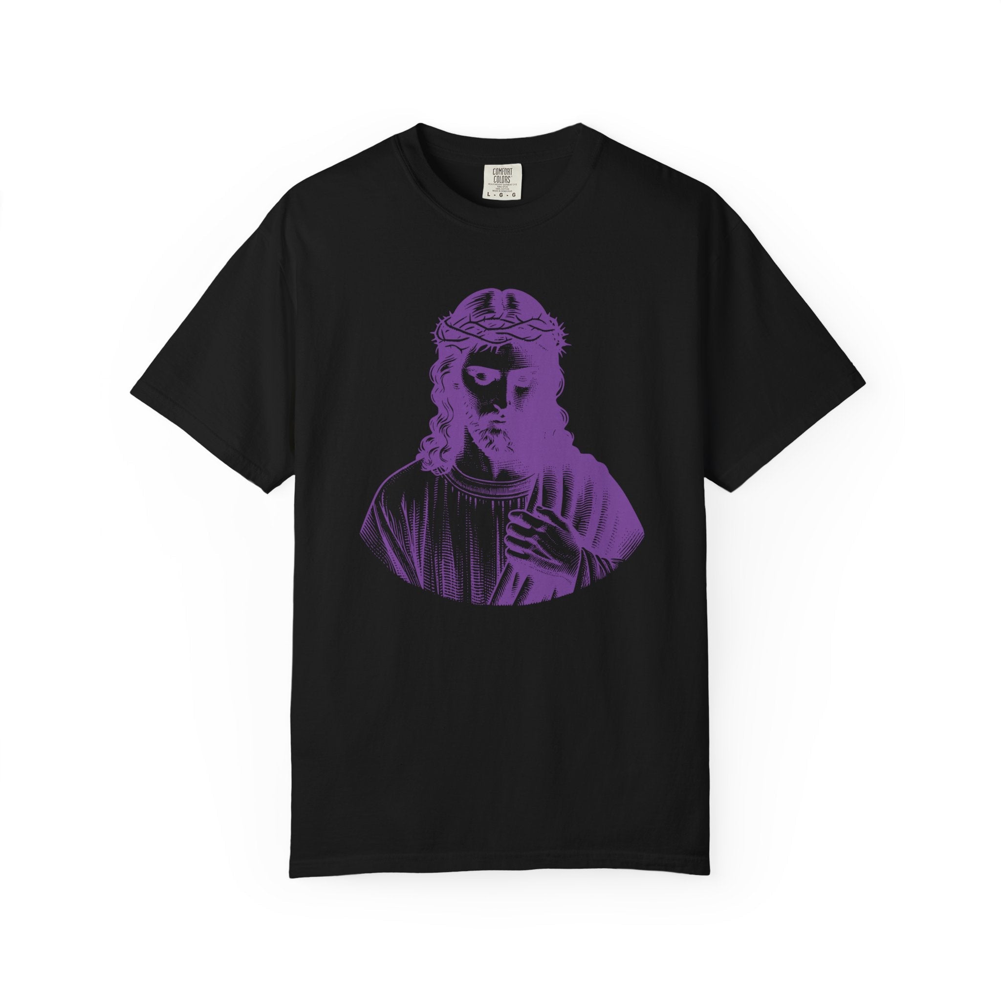 Black t-shirt with purple Jesus front print, Christian clothing graphic tee by Sandra Oles
