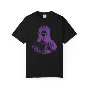 Black t-shirt with purple Jesus front print, Christian clothing graphic tee by Sandra Oles