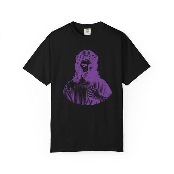 Black t-shirt with purple Jesus front print, Christian clothing graphic tee by Sandra Oles