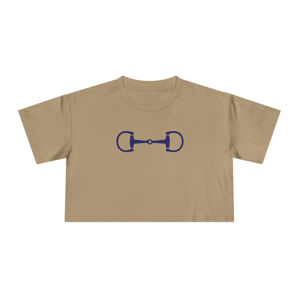 Navy horsebit graphic cropped tee in beige with relaxed fit and dropped shoulders, inspired by Ivy League equestrian style