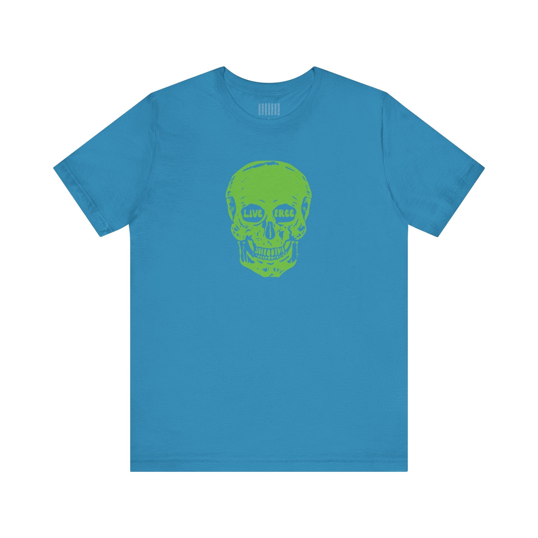 Blue t-shirt with green Live Free mid-scale skull front print skull print t-shirt
