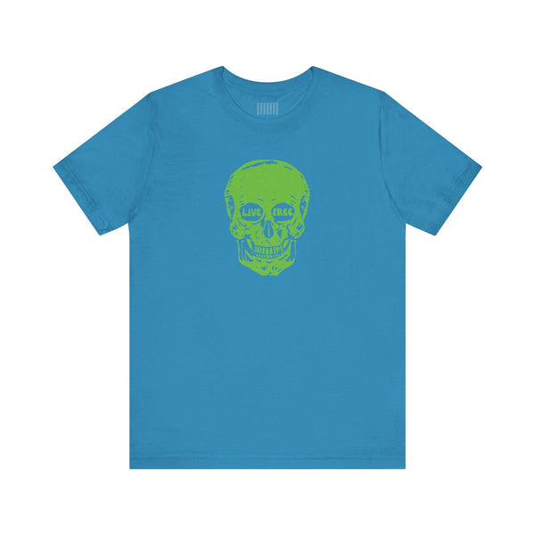 Blue t-shirt with green Live Free mid-scale skull front print skull print t-shirt