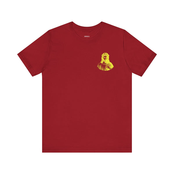 Red unisex t-shirt with small yellow Jesus in crown of thorns graphic on front left side, casual faith-inspired design