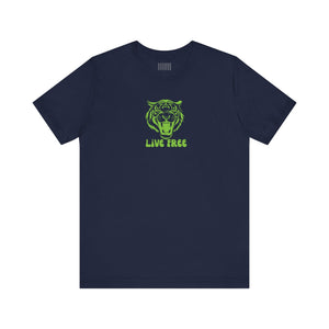 Navy unisex tee with vibrant green roaring tiger graphic and "Live Free" text.