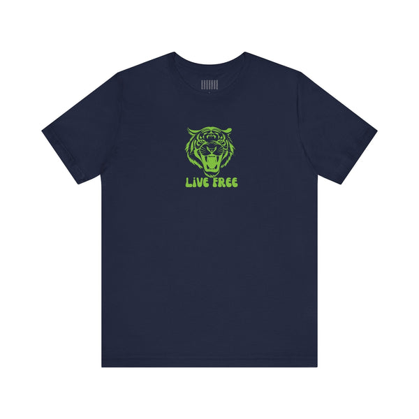 Navy unisex tee with vibrant green roaring tiger graphic and "Live Free" text.
