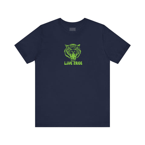 Navy unisex tee with vibrant green roaring tiger graphic and "Live Free" text.