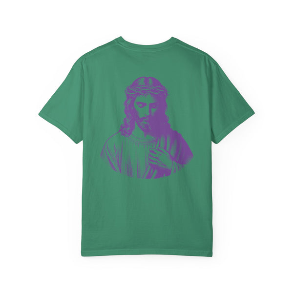 Green tee with large purple Jesus graphic on back and mini Jesus graphic on front left side