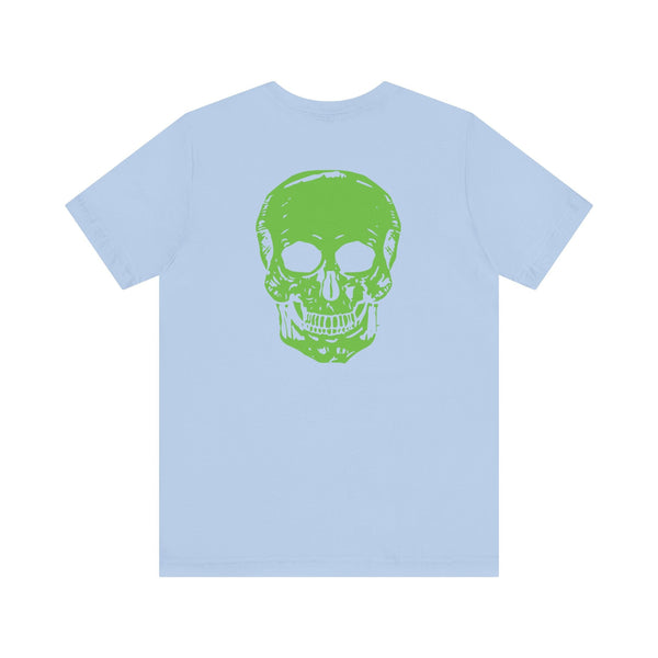 Light blue tee with large neon green skull graphic on back, edgy music festival fashion design