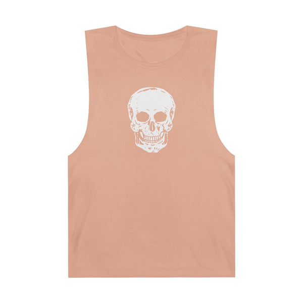 Sleeveless peach tank top with bold white skull graphic and raw edges for casual streetwear style