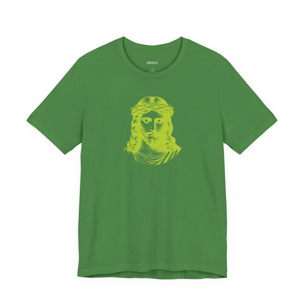 Lime green Christian graphic tee with bold Jesus print on soft cotton unisex streetwear shirt