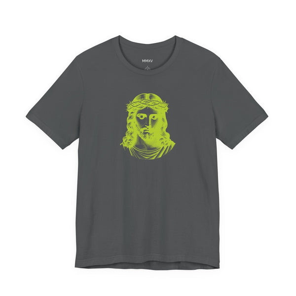 Charcoal gray unisex Christian graphic tee with a bold lime green Jesus face print on the front, made from soft cotton for comfortable streetwear style.