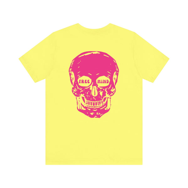 Yellow graphic tee with large pink skull and "Free Mind" text on back, statement streetwear style