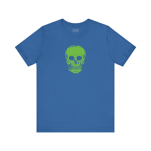 blue t-shirt with green skull graphic front skull streetwear design