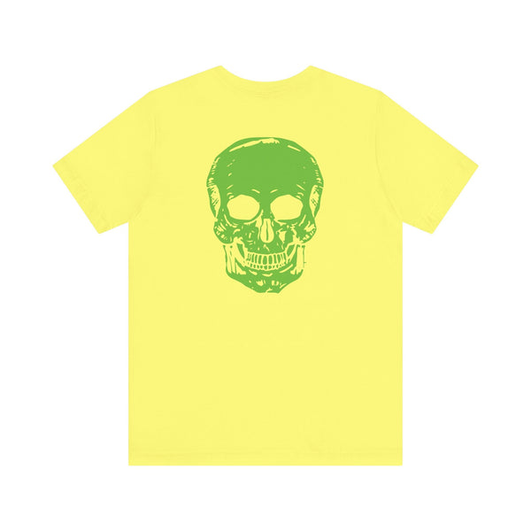 yellow tee with large green skull back print and mini skull front graphic music festival fashion