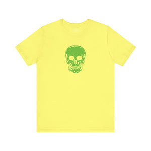 Green mid-scale skull graphic tee with bold skull streetwear design by Sandra Oles