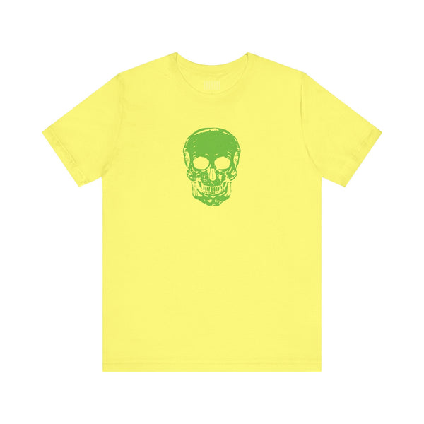 Green mid-scale skull graphic tee with bold skull streetwear design by Sandra Oles