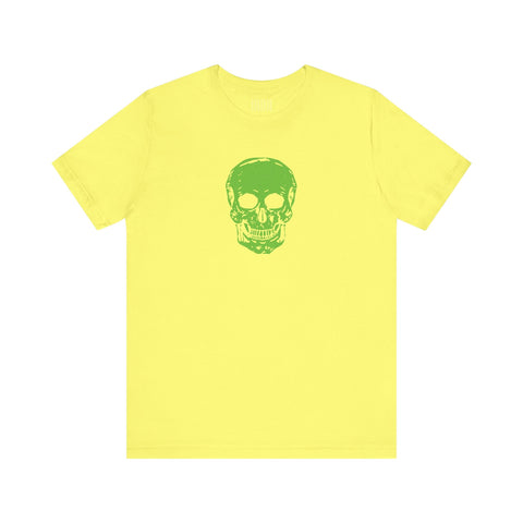 Green mid-scale skull graphic tee with bold skull streetwear design by Sandra Oles