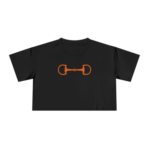 Black cropped tee with bold orange horsebit graphic, equestrian style top for riders and horse lovers