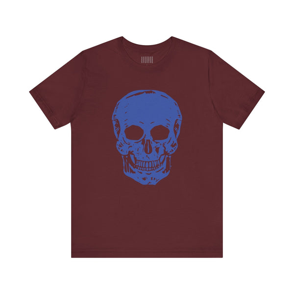 Maroon skull tee with a large blue skull graphic on the front, streetwear style skull tee.