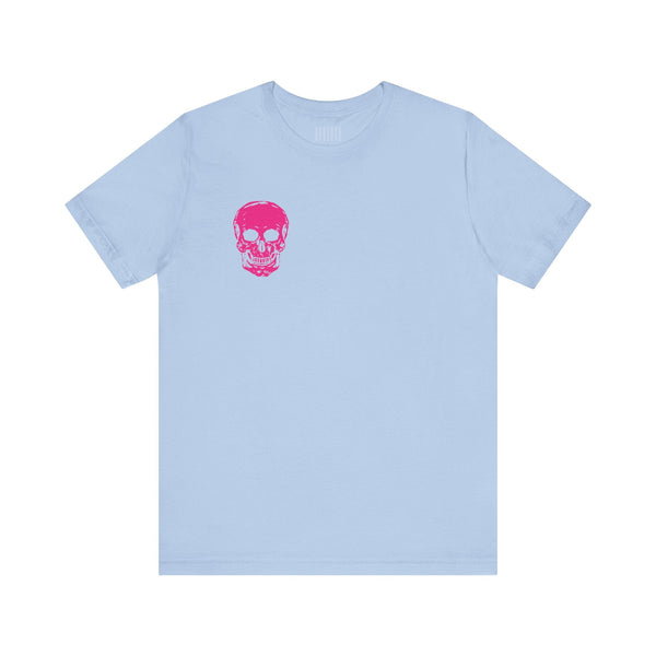 Light blue punk rock t-shirt with a bold pink skull graphic on the left chest