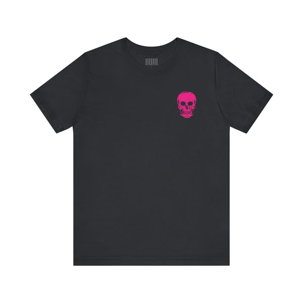 Black punk rock tee with mini hot pink skull print on front chest and jumbo skull graphic on back