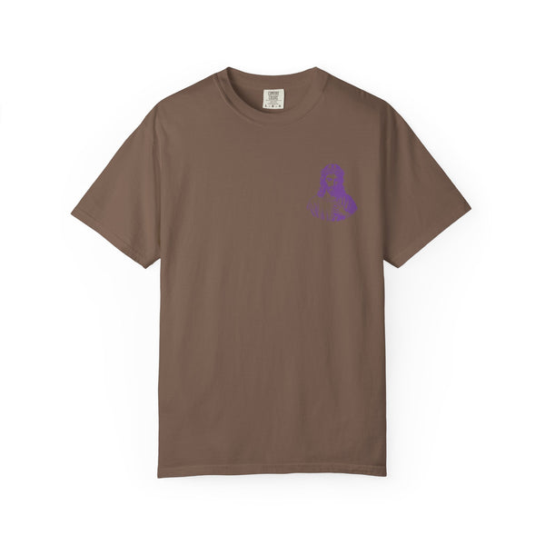 Purple Jumbo Jesus Back Print Tee with Purple Mini Jesus Front Left Graphic Tee - Iconic by Sandra Oles