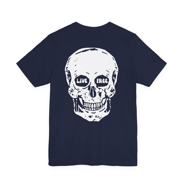 Navy streetwear t-shirt with jumbo white "Live Free" skull graphic on the back and mini skull print on the front.