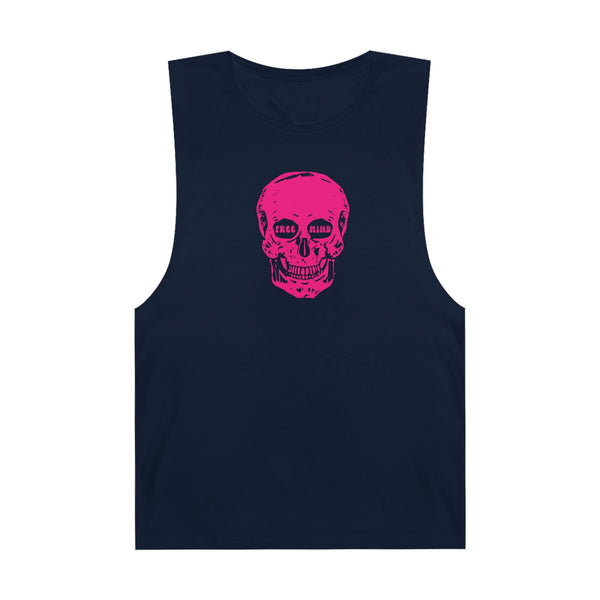 Navy muscle tee with bold midscale pink skull graphic and sleeveless raw edges, unisex subculture style.