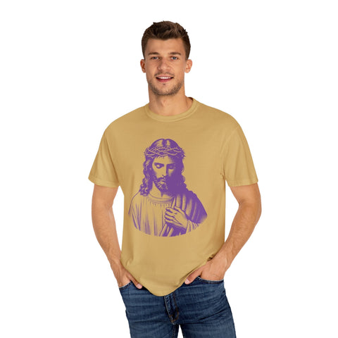 Man wearing beige Christian t-shirt with large purple Jesus graphic on front