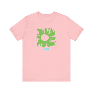 Pink Leo astrology sunburst graphic tee with green zodiac design by Fugitive Tees