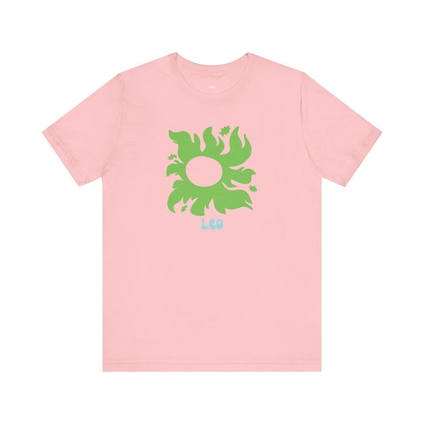 Pink Leo astrology sunburst graphic tee with green zodiac design by Fugitive Tees
