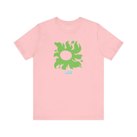 Pink Leo astrology sunburst graphic tee with green zodiac design by Fugitive Tees