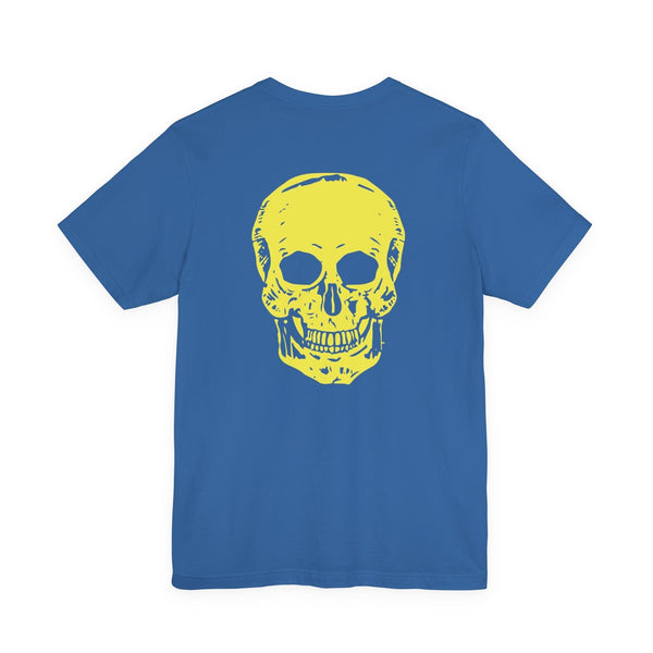 Blue t-shirt with large yellow skull graphic on the back, underground style tee.