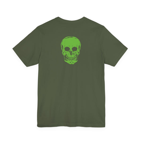 Olive green designer t-shirt with bold bright green skull graphic printed on the back.