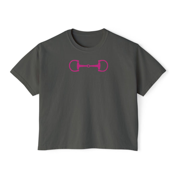 Boxy fit charcoal t shirt with hot pink horsebit equestrian graphic on front, made from soft cotton.