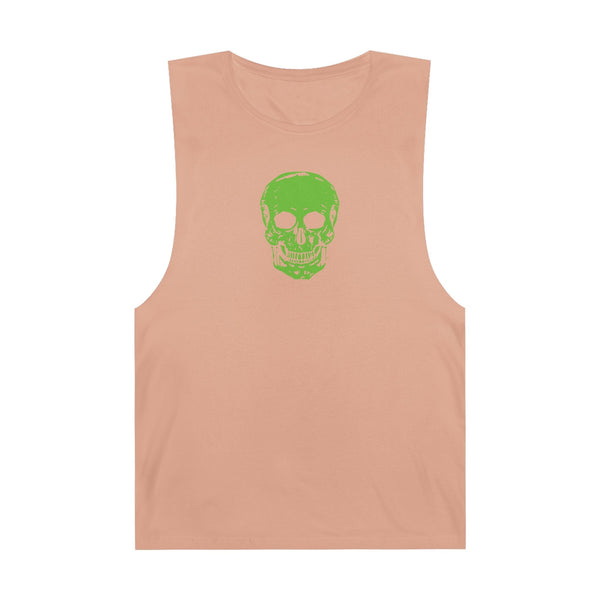 Beige goth skull tank top with bold green skull graphic, edgy muscle tee for alternative streetwear.