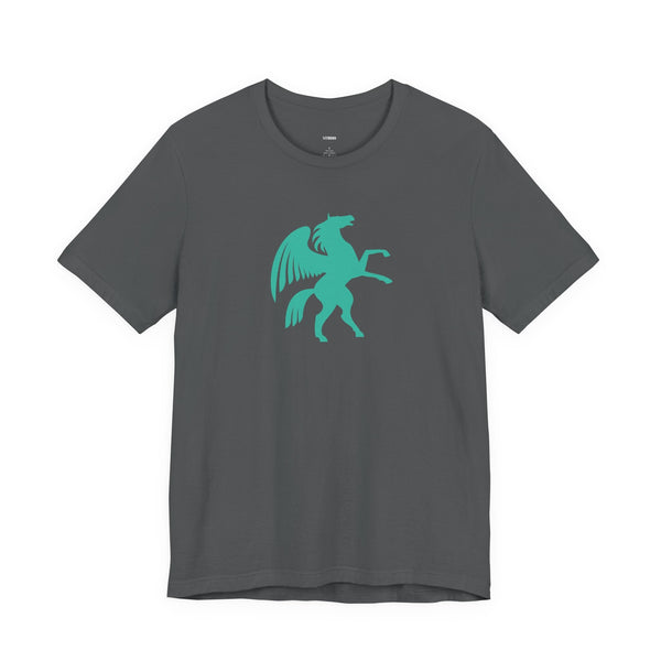 Dark gray t-shirt with bright turquoise Pegasus graphic, unisex cool graphic t shirt