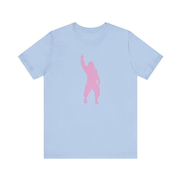 Light blue unisex bigfoot t shirt with a pink cheeky Sasquatch graphic in mid-strut pose.