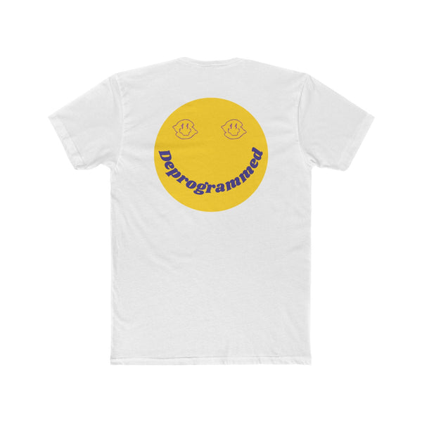 White unisex cotton tee with yellow retro smiley face and "Deprogrammed" text on back, 1990's rave style graphic
