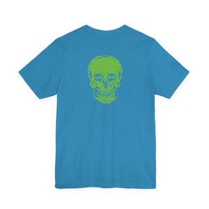 Blue streetwear t-shirt with bold green skull graphic and "Live Free" text on the back