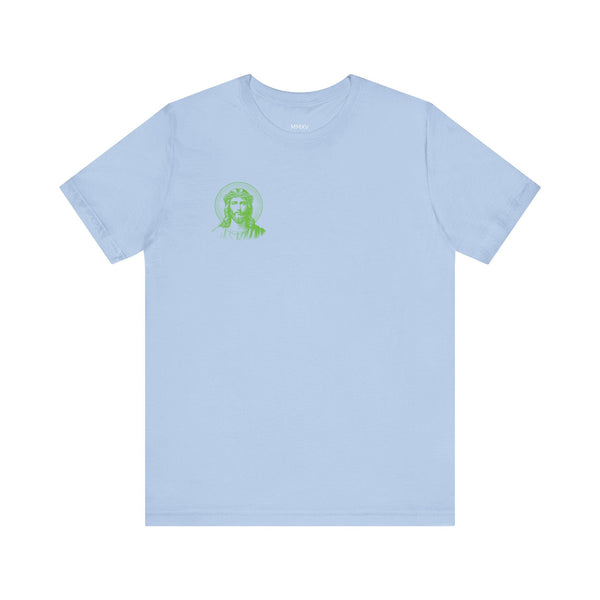 Light blue t-shirt with small green Jesus graphic on front left chest.