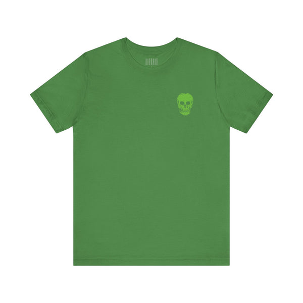 Green tee with neon green mini skull front graphic, music festival fashion style