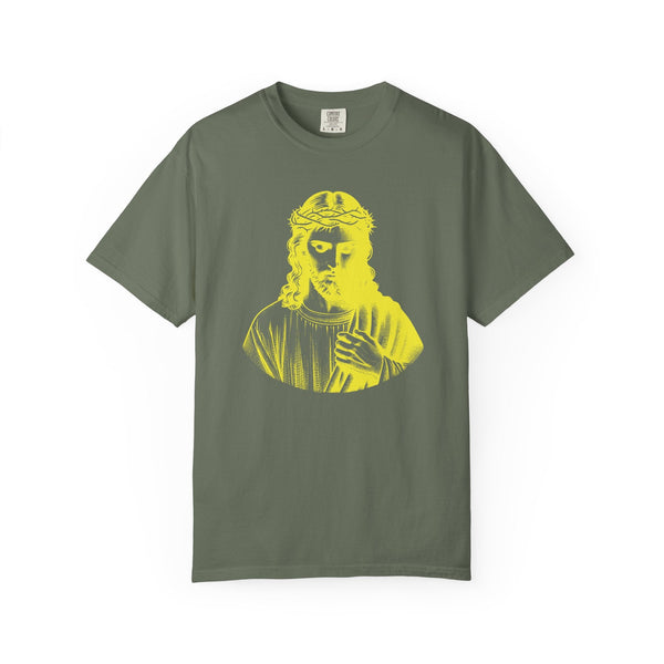 Unisex green tee with yellow Jesus crown of thorns religious graphic print