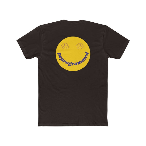 Black 1990’s rave t-shirt with large yellow smiley face and "Deprogrammed" text back print