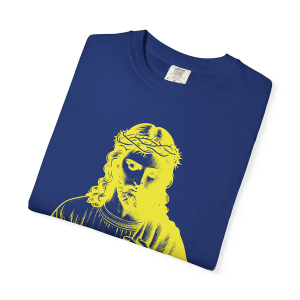 Blue t-shirt with yellow Jesus Crown of Thorns religious graphic tee design