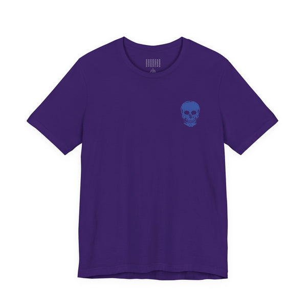 Purple graphic tee shirt with small blue skull on front left and large blue skull back print