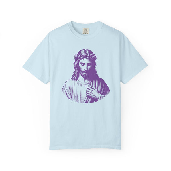 Light blue t-shirt with purple Jesus front graphic, Christian clothing tee by Sandra Oles
